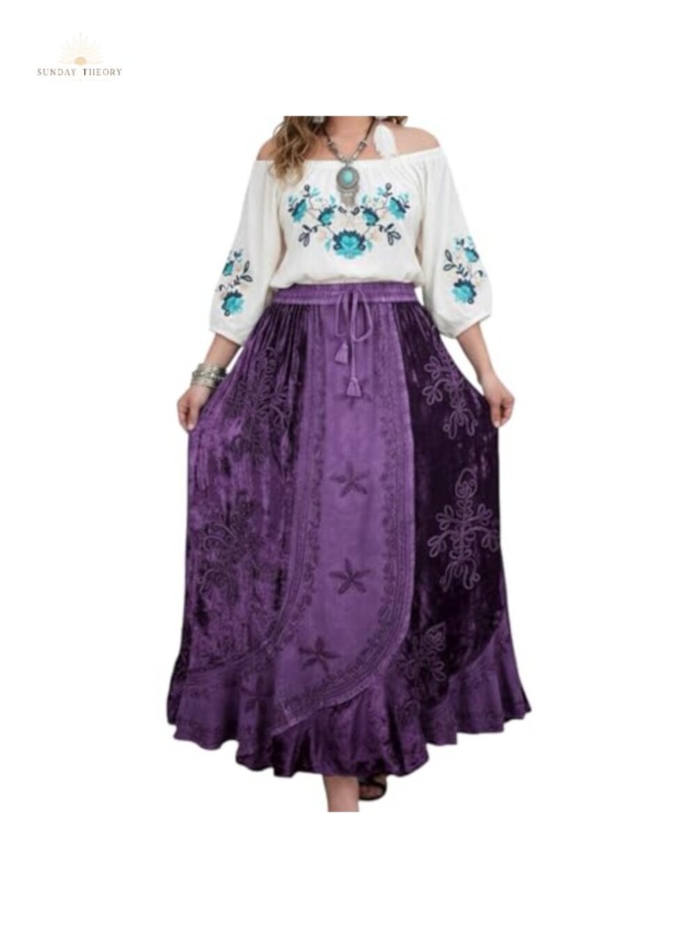 Flowy Boho Maxi Skirt High Waisted Embroidered Rayon Velvet Long